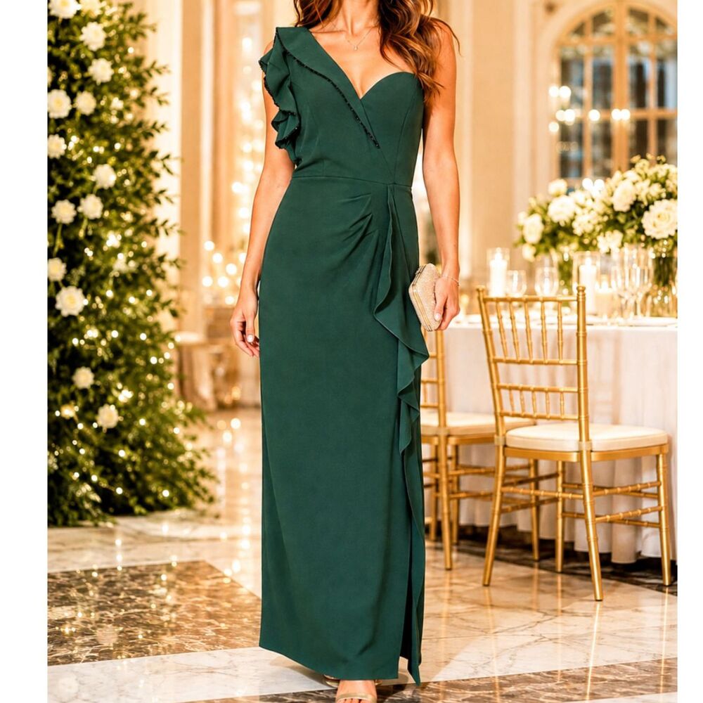 Emerald Green One Shoulder Ruffle Formal Hoco Gown Wedding Guest Gala Size L